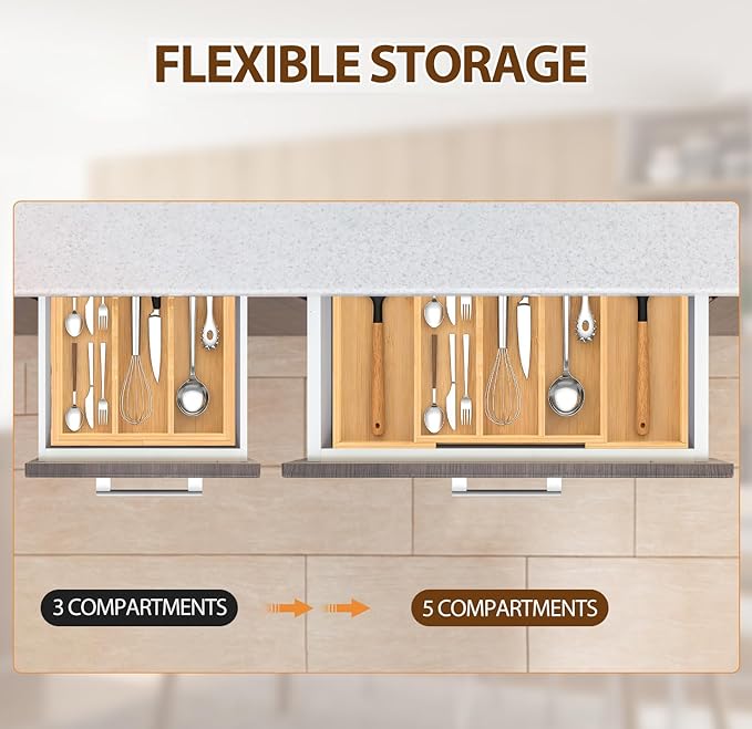 Bamboo Expandable Kitchen Drawer Organizer, 13" - 23" Adjustable Utensils Holder and Cutlery Tray, 3-5 Slots Drawer Organizer for Silverware Flatware