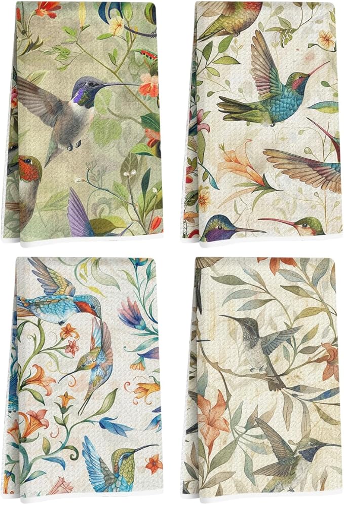 4 Pcs Vintage Hummingbird Kitchen Towels, Artistic Decorative Absorbent Microfiber Dish Cloth Tea Towel, Floral Waffle Hand Towels for Farmhouse Home Bathroom, Bird Lover Gifts