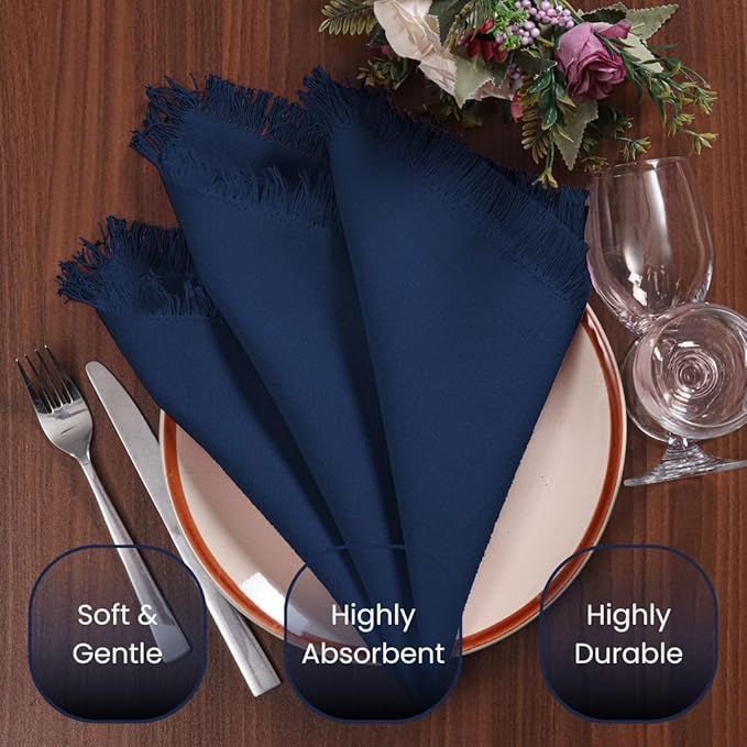 Cloth Dinner Napkins Fringes 100% Cotton Set of 6 - Perfect for Dining Special Occasions Wedding Holidays Christmas - Soft Durable Washable - Elegant 20x20 Inch Cloth Napkins Navy Blue
