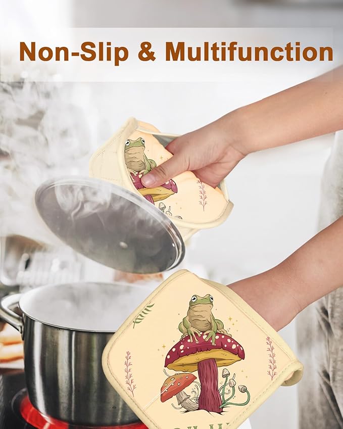 Swooflia 100% Cotton Pot Holders 2 Pack Set for Kitchen with Pockets - Cute 440°F Heat Resistant Oven Hot Pads Heavy Duty for Countertop Home Cooking Baking Microwave BBQ Farmhouse Frog