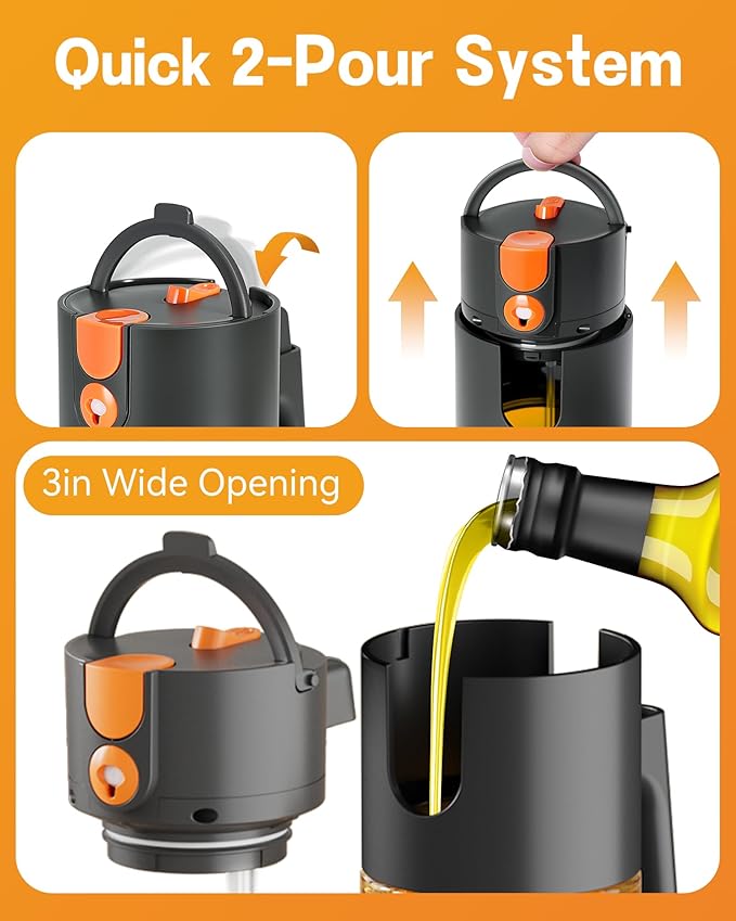 OURCABECUE Upgrade 2 in 1 Oil Sprayer for Cooking, 17oz Light-Blocking Glass Olive Oil Dispenser Bottle for Kitchen,Food-Grade Oil Mister with 8 Stickers for Salad, Frying(Amber Bottle-Black Gap)