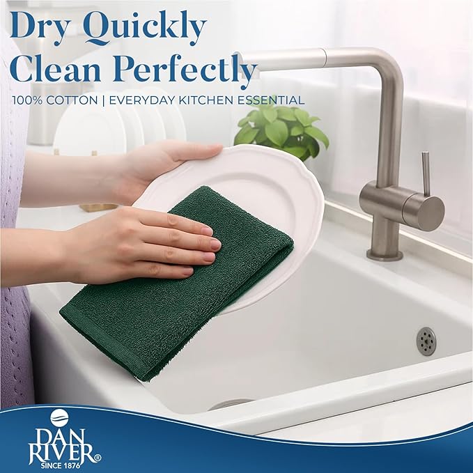 DAN RIVER Kitchen Bar Mops,Pack of 12,16 by 19 Inches,100% Cotton Super Absorbent,Multi-Purpose Cleaning Towels for Home and Kitchen Bars-Huntergreen