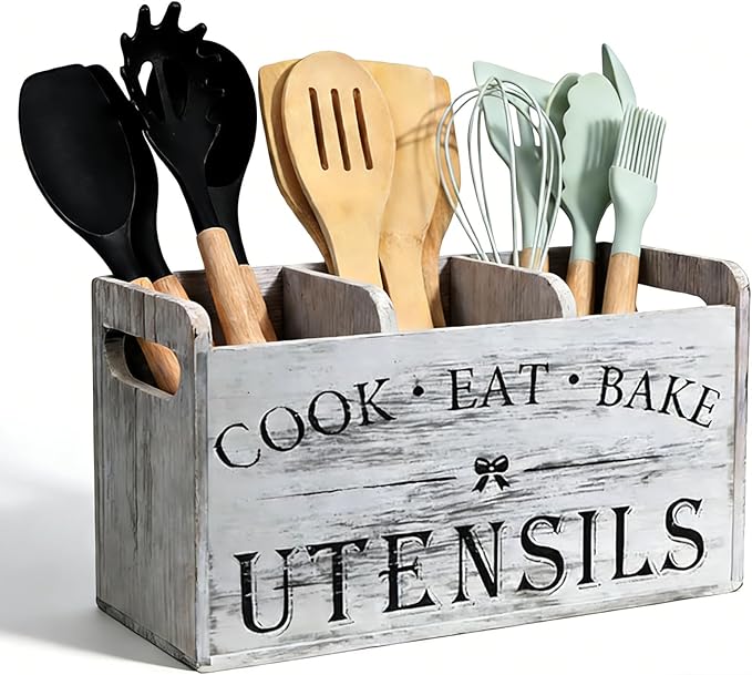 Utensil Holder,Wooden Utensil Holder for Kitchen Counter, Cooking Utensil Organizer with 3 Compartments,Utensil Crock for Silverware Spoon Spatula