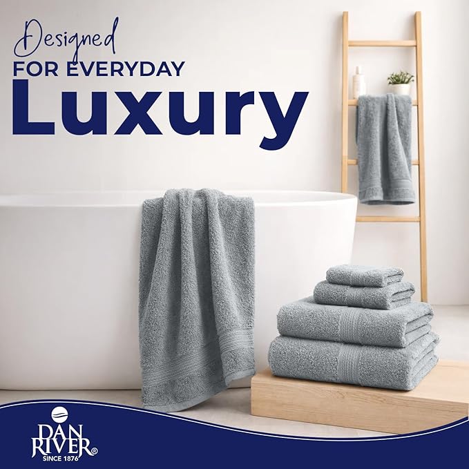 DAN RIVER 8 PC Luxury Bath Towels for Bathroom, 2 Bath, 2 Hand, and 4 Wash Cloths, 600 GSM 100% Ring Spun Cotton Towel Set, Highly Absorbent, Gym, Hotel, and Spa, Silver