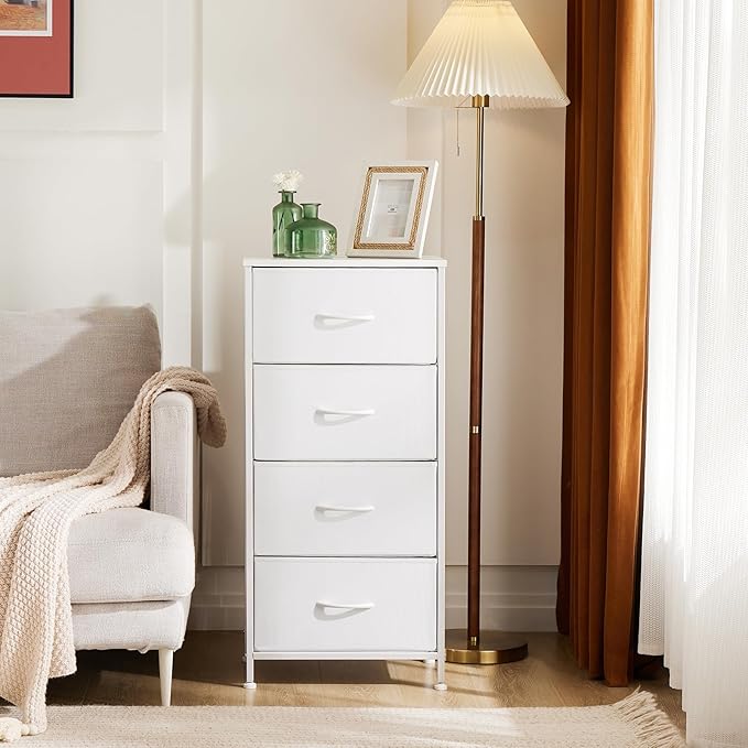 Sweetcrispy Nightstand Small Bedroom Dresser with 4 Fabric Drawers, Bed Side Furniture End Table, Wooden Top Cabinet Night Stand Dresser for Closet, Entryway, Dorm