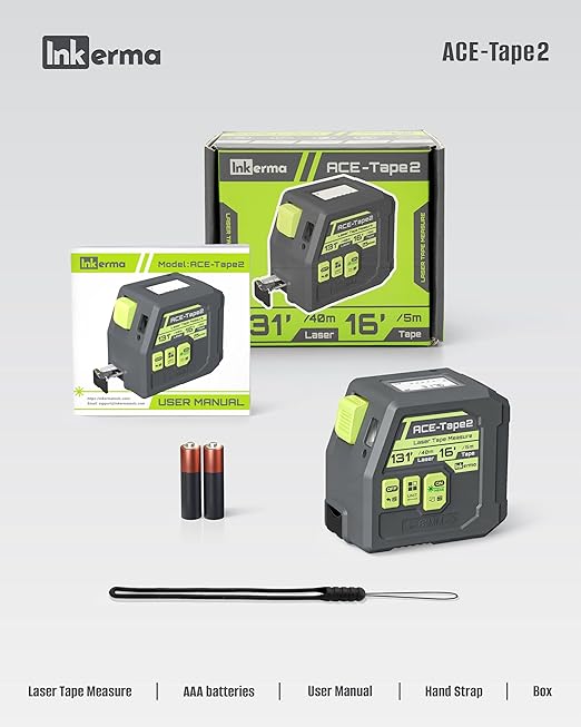 Laser Tape Measure 2-in-1, Inkerma 131Ft/40m Laser Measurement Tool & 16Ft/5m Measuring Tape, Digital Laser Tape Measure with Pythagorean Mode, Area and Volume, Self-Locking Tape, Belt Clip
