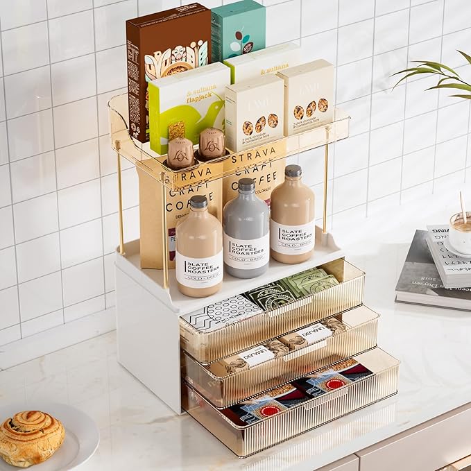 Delamu Bathroom Organizers and Storage, 2 Tier 3 Drawer Makeup Organizer Countertop, Easy to Install, Ideal for Bathroom Counter, Vanity, Ideal for Women Girls, Amber
