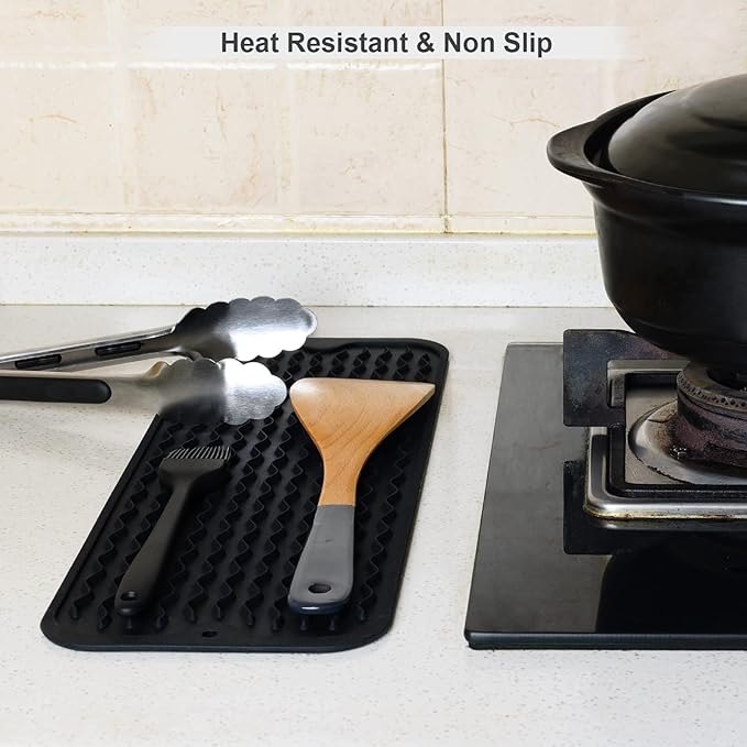 ZLR 2 Pcs Silicone Sponge Holder & Sink Caddy Tray (6" x 17") - Narrow Dish Drying Mat for Kitchen Counter - Waterproof Soap Dispenser Organizer, Non-Slip Bathroom Vanity Tray (Black)