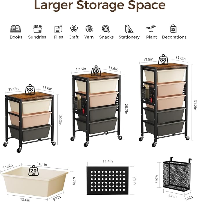 Rolling Cart with 4 Drawers, Plastic Drawer Storage Carts with Wheels & Wooden Tabletop, Metal Utility Cart with Pegboards, Office Living Room Classroom Craft Organization and Storage, Dark Brown