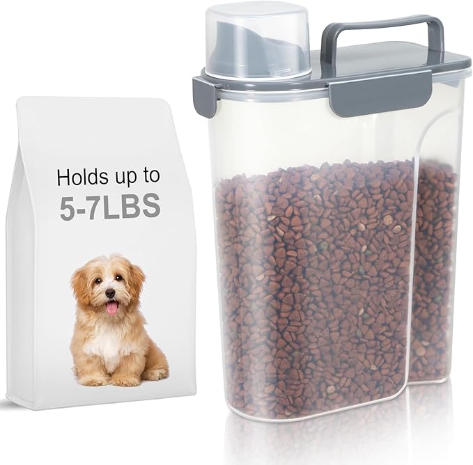 LEAWALK Large Spout Pet Food Storage Container, 5-7LBS/6Qt/5L Meter Dispenser with Handle, Measuring Cup, Double Sealing Tape and 4 Safety Snaps to Seal Dog Food and Cat Food-Gray Blue