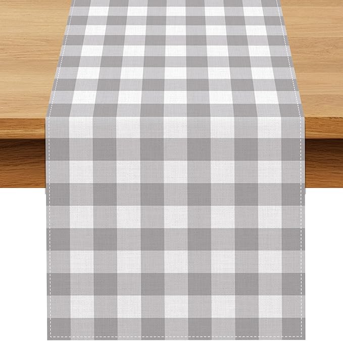 Grey and White Checkered Table Runner Gingham Birthday Wedding Baby Shower Party Decoration BBQ Picnic Dining Room Home Kitchen Table Decor (Grey, 13" x 72")