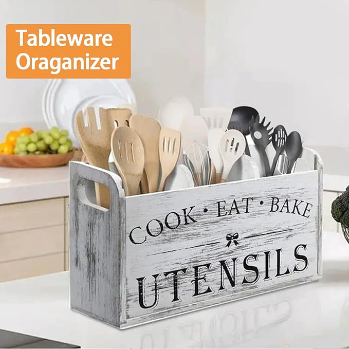 Utensil Holder,Wooden Utensil Holder for Kitchen Counter, Cooking Utensil Organizer with 3 Compartments,Utensil Crock for Silverware Spoon Spatula