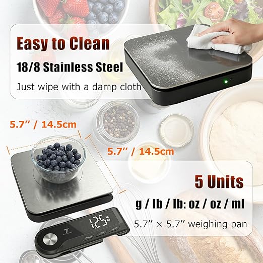 11lb/5kg Digital Kitchen Food Gram Scale with Pull Out Display, 0.1g/0.001oz Precision Wireless Bakery Scale, LED Backlight, 5 Units, USB Rechargeable, Stainless Steel Platform