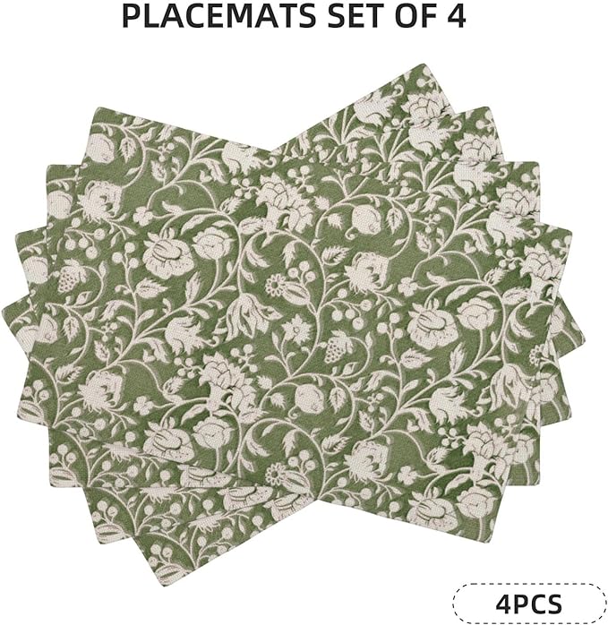 Floral Placemats 12x18 Inch Set of 4, Flower Print Linen Table Place Mat Neutral Vintage Decoration Washable Table Mats Sage Green Floral Decorative Linen Fabric Table Mat for Dining Table