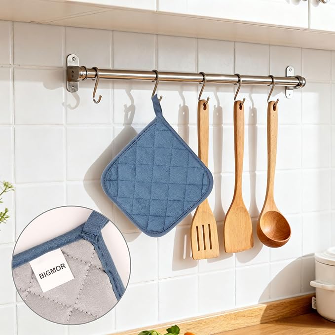5 Pack Pot Holders for Kitchen Easy-Care Cotton Machine Washable hot Pads for Kitchen for Cooking and Baking Oven Smog Blue