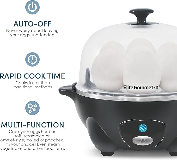 Elite Gourmet EGC710DKG Rapid Egg Cooker, 7 Easy-To-Peel, Hard, Medium, Soft Boiled Eggs, Poacher, Omelet Maker, Auto Shut-Off, Alarm, 16-Recipe Booklet, BPA-Free, Ash