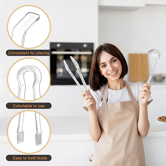 6 Pieces Plastic Serving Utensils Set Including 3 Pcs 1 oz Small Ladle and 3 Pcs Tong Acrylic Long Handle Ladle for Serving Sauce, Soup, Dressing, Punch Bowl, Gravy for Party Banquets Catering(Clear)