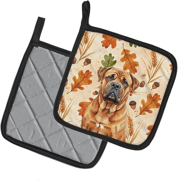 Caroline's Treasures Red Bullmastiff Heirloom Fall Pair of Pot Holders Pair 7.5x7.5 Quilted Insulated Hot Pads Decorative Kitchen Gift Made in USA
