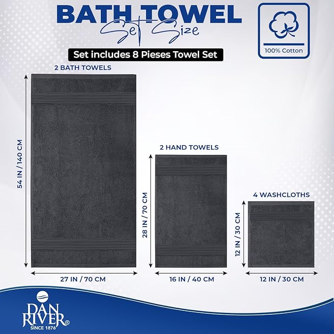 DAN RIVER 8 PC Luxury Bath Towels for Bathroom, 2 Bath, 2 Hand, and 4 Wash Cloths, 600 GSM 100% Ring Spun Cotton Towel Set, Highly Absorbent, Gym, Hotel, and Spa, Dark Gray