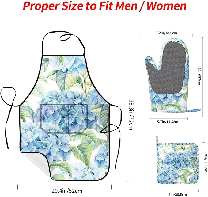 Blue Hydrangea Flowers Watercolor Oven Mitts Pot Holders Cooking Apron Set of 5 Silicone Kitchen Glove Apron Non-Slip Heat Resistant for Chef Baking Cooking Grilling BBQ