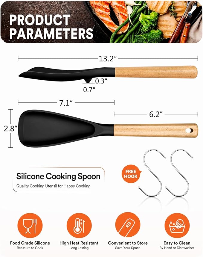 Cooking Spoon for Nonstick Cookwares, Great for Cooking and Serving Sturdy BPA-Free Matte Silicone, Wood Handle Spoon for Mixing, Scoop, and Scrape (2 Pack of Black, 13.4 inch)