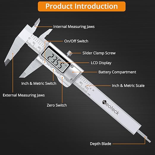 Neoteck 4 inch/100mm Digital Caliper, Stainless Steel Electronic Calipers Measuring Tool inch/mm Conversion, Large LCD Screen