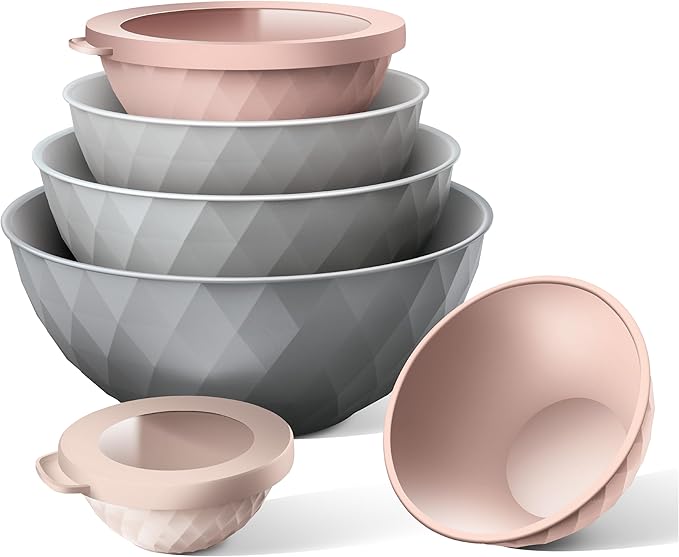COOK WITH COLOR Mixing Bowls with Lids - 12 Piece Plastic Nesting Bowls Set includes 6 Prep Bowls and 6 Lids, Microwave Safe Mixing Bowl Set, Grey/Pink Diamond