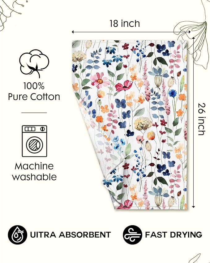 Miss Adola Flour Sack Kitchen Towels Set of 2-18x26 Cotton Dish Towels with Hanging Loop Reusable Tea Towel for Cleaning Spring Absorbent Dishcloths Cute Home Decor Housewarming, Watercolor Flower
