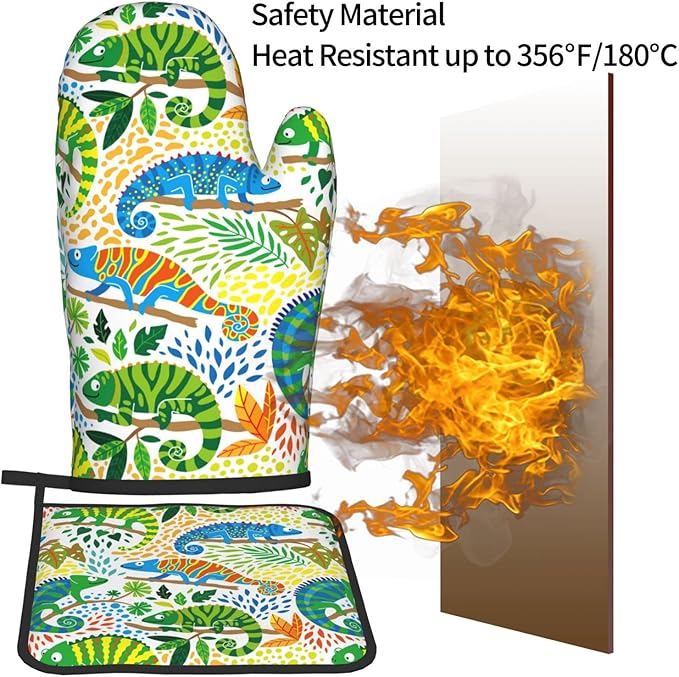 Cute Chameleon with Tropical Plants Oven Mitts and Pot Holders Heat Resistant Oven Mitts Safe for Baking Cooking BBQ