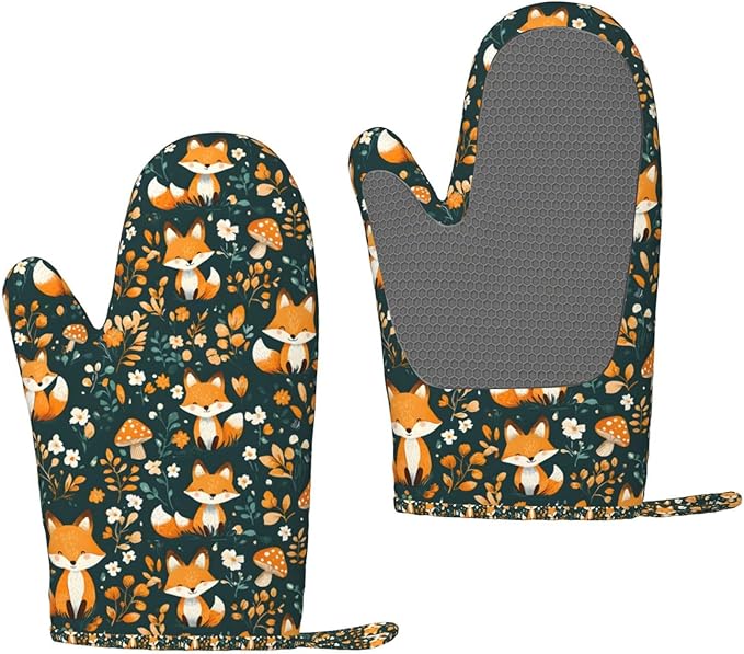 Forest Fox Silicone Oven Mitts Set of 2, Heat Resistant up to 500°F, Kitchen Oven Gloves with Non-Slip Grip and Soft Cotton Lining for Baking, Cooking and BBQ