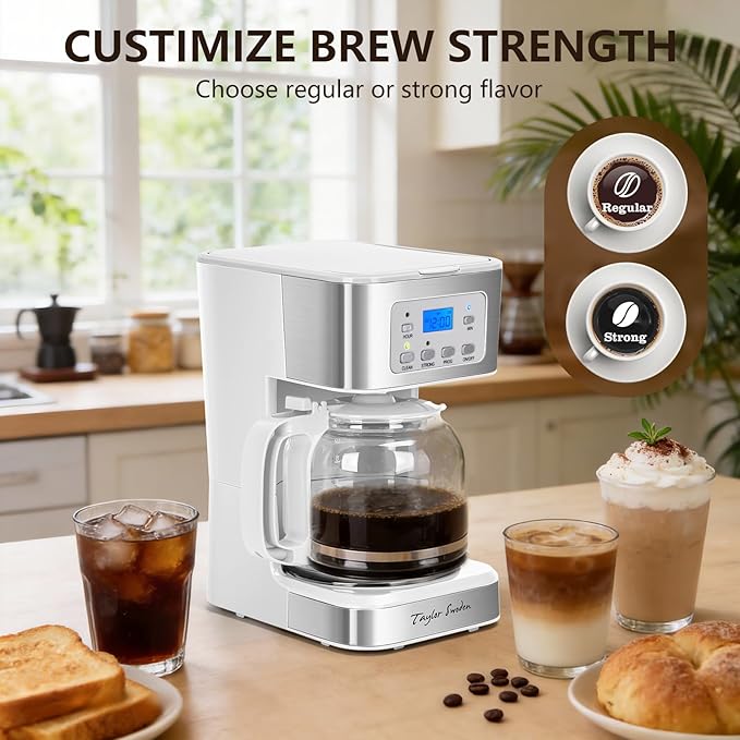 Taylor Swoden 12-Cup Programmable Coffee Maker, Regular & Strong Brew Drip Coffee Machine for Home and Office, Glass Carafe, Pause & Serve, Auto Shut Off, White & Stainless Steel