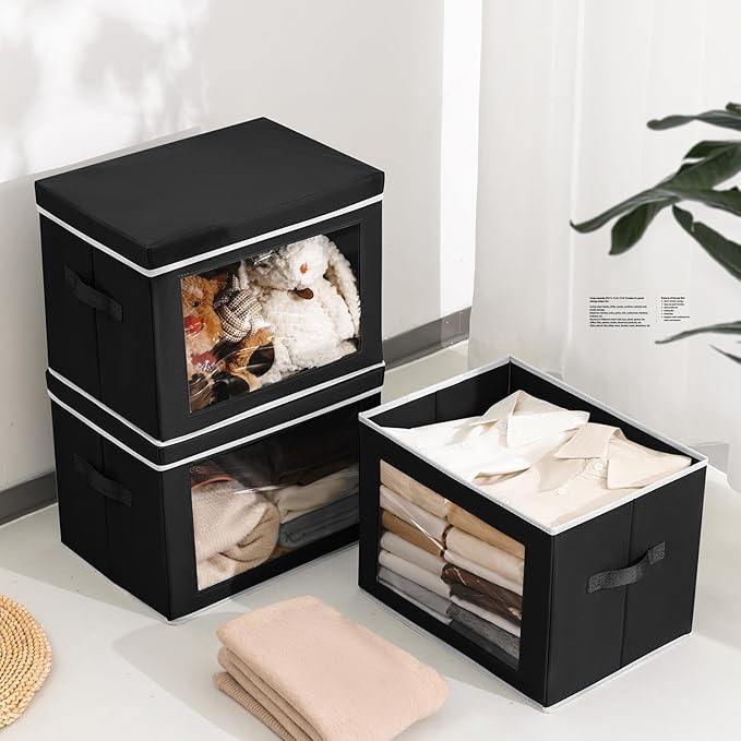 Homsorout Large Storage Bins with Lids - Fabric Storage Cubes with Window, Collapsible Bins for Clothes, 15.7 Inch Large Baskets for Bedroom, Dorm, Office, Black, 6 Pack
