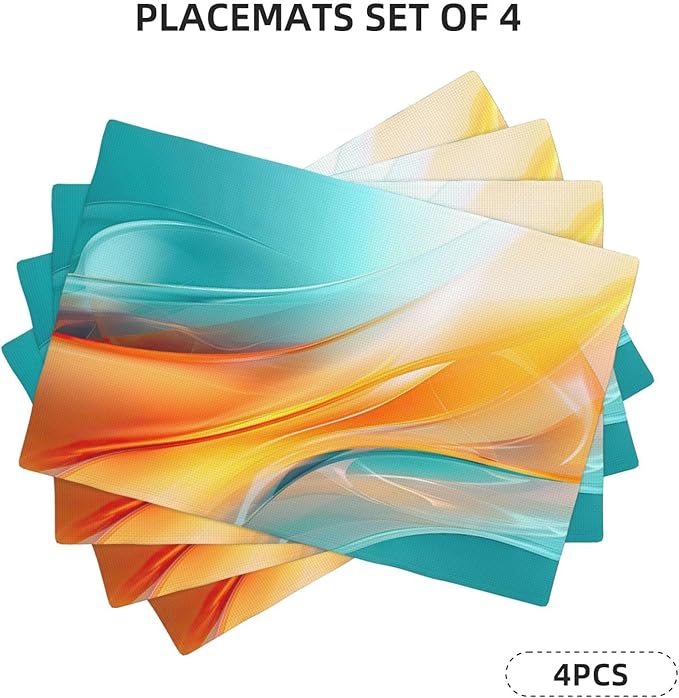 Teal and Orange Abstract Wave Linen Placemats Set of 4, 12 x 18 Inch Washable Non-Slip Heat-Resistant Kitchen Table Mats for Dining Table Outdoor Holiday Wedding Party Farmhouse, Kitchen Home Decor