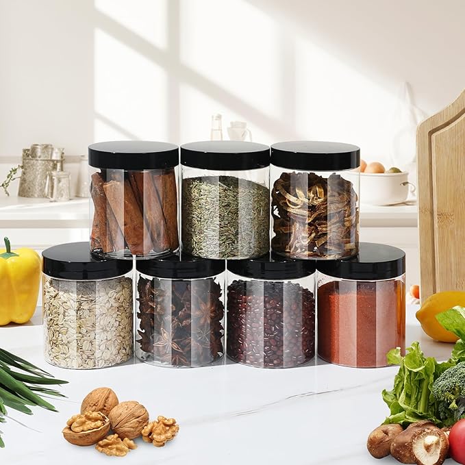 Plastic Jars with Lids,Airtight Container Ideal For Dry Food, Honey Jam, Peanut Butter,Cosmetics, Cream, Bathroom and Storage Included Extra Label and A Pen (30 PCS Black Lids)