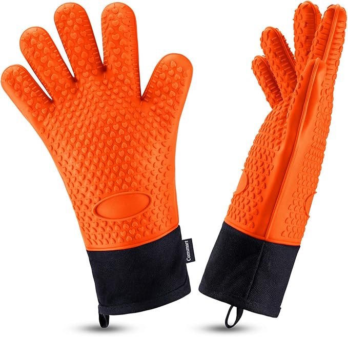 Comsmart BBQ Gloves, Heat Resistant Silicone Grilling Gloves, Long Waterproof BBQ Kitchen Oven Mitts with Inner Cotton Layer for Barbecue, Cooking, Baking, Smoker(Orange)