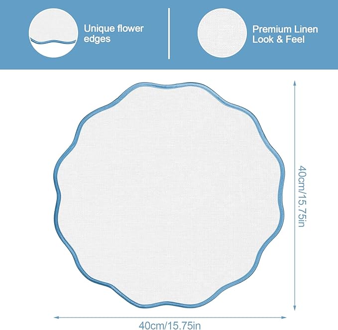 Set of 6 Scallop Linen Placemats, 15 Inch Blue and White Round Placemats Cotton Linen Table Mats Handcrafted Machine Washable Wrinkle Free Dining Placemat for Hotel Restaurant Kitchen