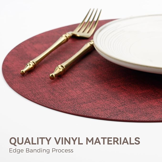 13"Round Placemats Set of 8, Reversible Faux Leather Heat Resistant Table Mats, 100% Waterproof Oilproof Wipeable Table Protective Placemats for Vinyl, Washable for Indoor & Outdoor Use (8, burgundy)