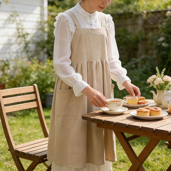 Uaussi Cotton Linen Apron Cross Back Work Apron for Women with Pockets Pinafore Dress X Cross Halter Apron for Chef Gardening