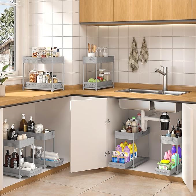 Sevenblue 3 Pack Under Sink Organizers, 2-Tier Multi-Use Kitchen and Bathroom Organizers and Storage with Sliding Drawers, Bathroom Cabinet Organizer (Gray, 12.8 Inch)