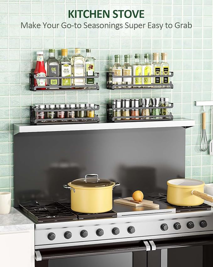 Doakhirmit Wall Mounted Spice Rack with 16 Hooks, Rustic Wood Spice Organizer Shelf for Stove Cabinet Pantry Door,Screw or Adhesive Hanging Spice Shelf,Wall Spice Rack in Kitchen and RV,4 Pack