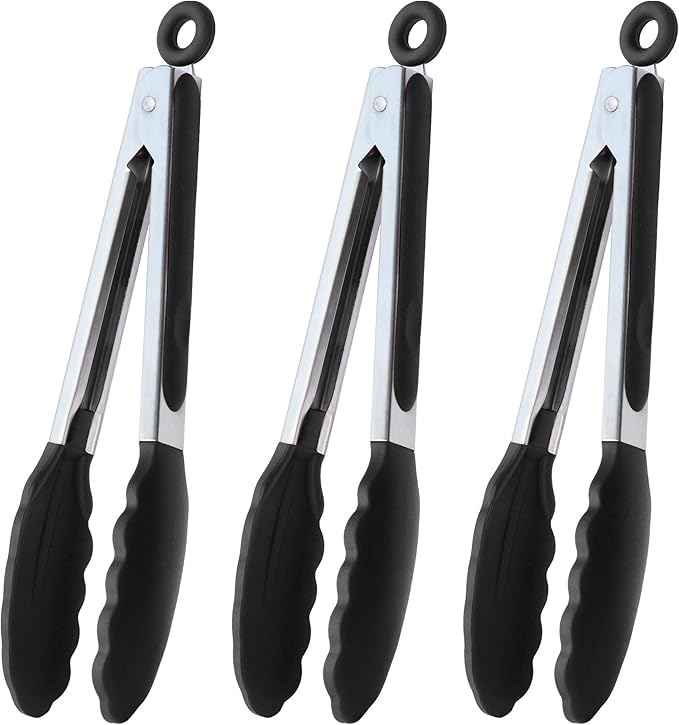 HINMAY Serving Tongs 9-Inch Cooking Tongs with Silicone Tips, Set of 3 (Black)