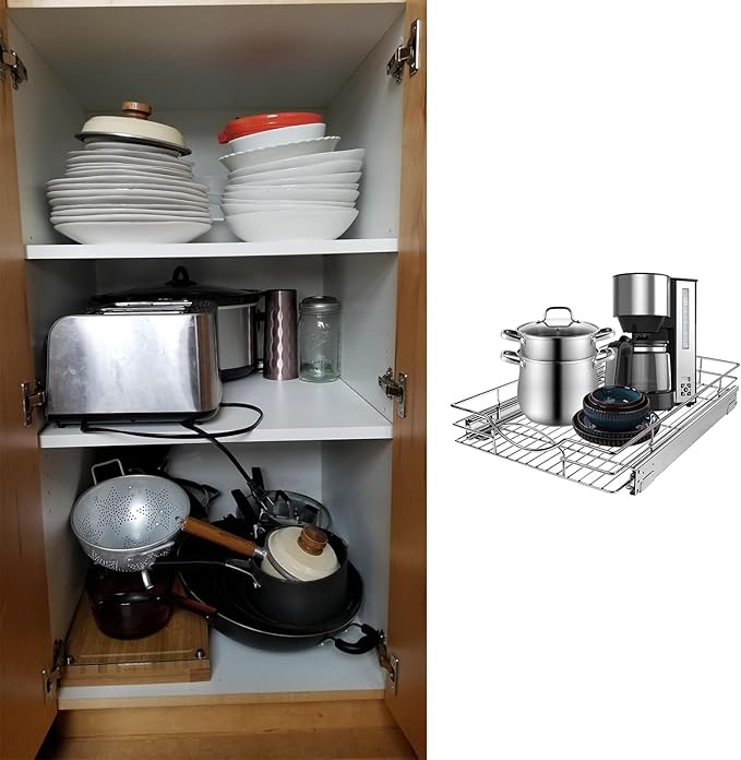 Sikarou Pull Out Cabinet Organizer 17" W x 21" D, Heavy Duty Kitchen Cabinet Pull Out Shelves, Slide Out Wire Basket for Kitchen Cabinets, Bathroom, Pantry, Chrome Finish