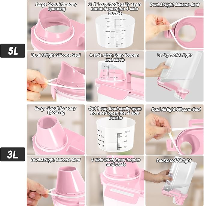 LEAWALK 5Lbs Airtight Cat Dog Food Storage Container with Upgraded Large Nozzle BPA-Free, Pet Food Storage Containers for Rice, Grain, Pet Food, Flour, Dog Treat Storage (Light Pink, (3L+5L)-2pack)