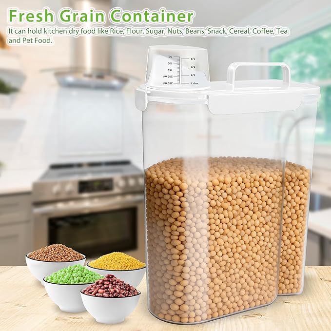 Viretec Rice Storage Container, 10 to 20lb Dry Food Airtight Dispenser, Pet Dog Cat Food Canister, BPA Free Clear Plastic Kitchen and Pantry Organization Bin for Oatmeal, Cereal, Pasta, Flour White