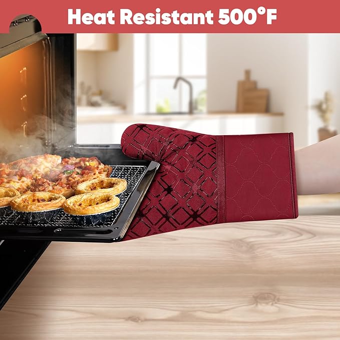 Oven Mitts and Pot Holders Set with Dishcloths, 500 Degree Heat Resistant Oven Gloves and Hot Pads, Premium Soft Cotton Kitchen Mittens and Dish Cloth Sets-Red