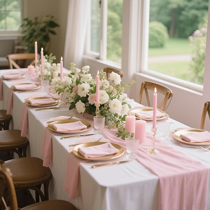Set of 8 Cotton Linen Placemats, 15x15 Round Scalloped Cloth Table Mats, Embroidery Machine Washable, Wrinkle Resistance Fabric Place Mats for Wedding Summer Baby Shower Party Table Decor-Pink