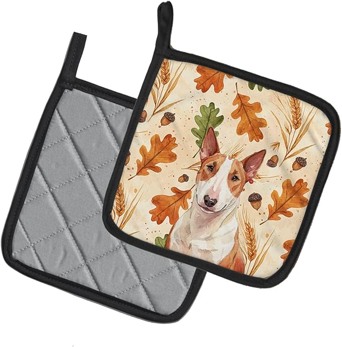Caroline's Treasures Red and White Bull Terrier Heirloom Fall Pair of Pot Holders Pair 7.5x7.5 Quilted Insulated Hot Pads Decorative Kitchen Gift Made in USA