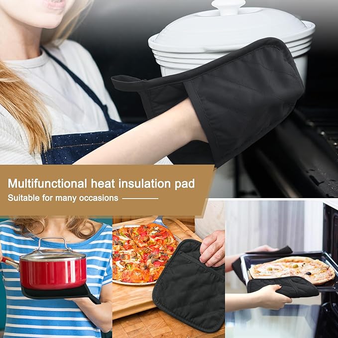 2Pcs Cotton and Neoprene Oven Pads Pot Holders with Pocket 8"x8.5" Dual-Function Hot Pad Set for Finger Hand Wrist Protection Heat Resistant to 428°F,Black