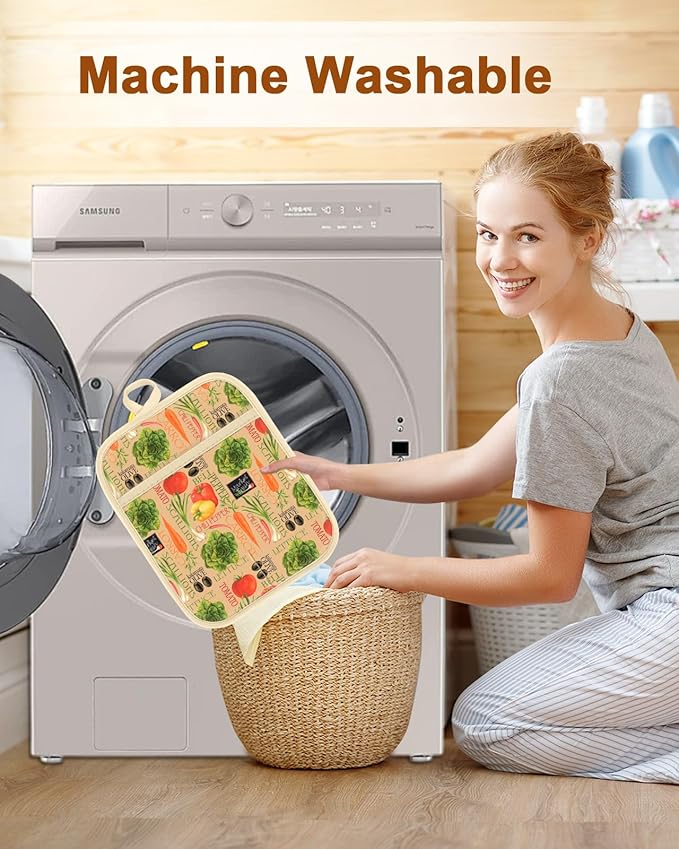 Swooflia 100% Cotton Pot Holders 2 Pack Set for Kitchen with Pockets - Cute 440°F Heat Resistant Oven Hot Pads Heavy Duty for Countertop Home Cooking Baking Microwave BBQ Vegetables