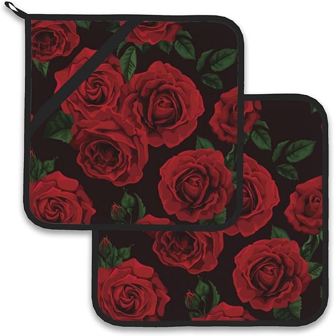 Vintage Red Rose Pot Holder Set of 2,Heat Resistant Potholders Oven Hot Pads for Kitchen Cooking Baking BBQ